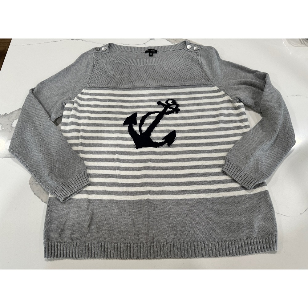 Talbots Womens‎ XL Nautical Gray Striped Anchor Button Shoulder Sweater